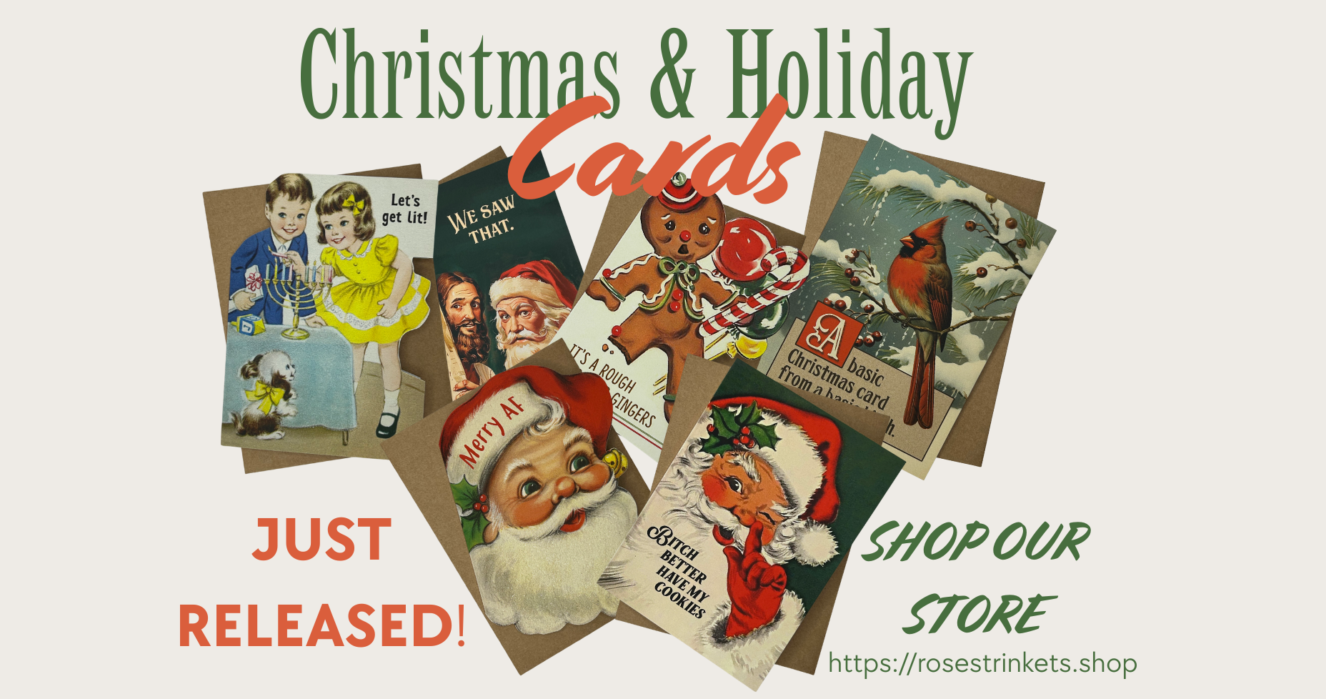 Vintage-style Christmas and holiday cards with promotional text on a light gray background